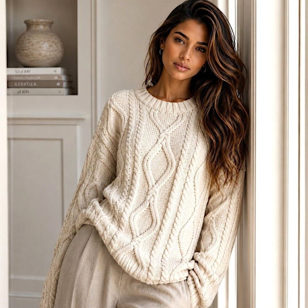 NWT Fisherman L Cream Chunky Knit Minimalist Sweater Oversized Cozy Cottagecore